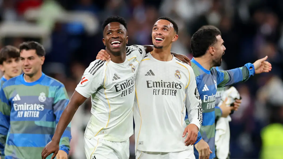 MADRID, SPAIN - MARCH 22: Vinicius Junior and Trent Alexander-Arnold of Real Madrid celebrate after the team
