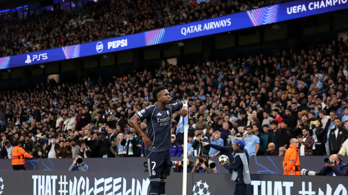 MANCHESTER, ENGLAND - MARCH 17: Vinicius Junior of Real Madrid celebrates scoring his team
