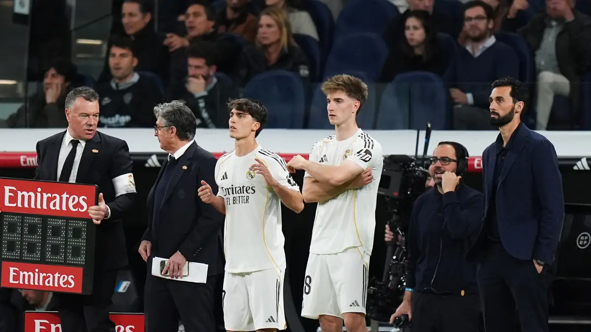 MADRID, SPAIN - MARCH 14: Manuel Angel and Cesar Palacios of Real Madrid prepare to enter the pitch during the LaLiga EA Sports match between Real Madrid CF and Elche CF at Estadio Santiago Bernabeu on March 14, 2026 in Madrid, Spain. (Photo by Angel Martinez/Getty Images)