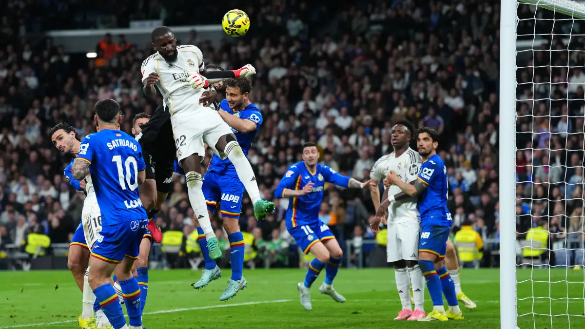 MADRID, SPAIN - MARCH 02: Antonio Rüdiger of Real Madrid heads a shot during the LaLiga EA Sports match between Real Madrid CF and Getafe CF at Estadio Santiago Bernabeu on March 02, 2026 in Madrid, Spain. (Photo by Angel Martinez/Getty Images)