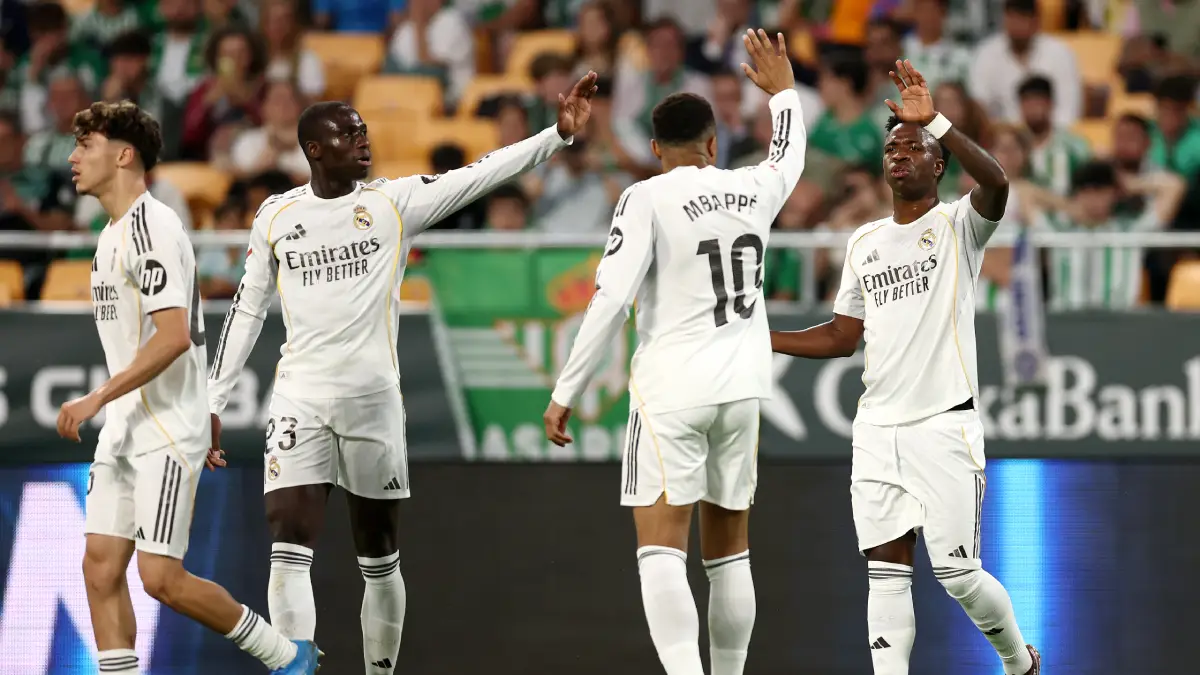 SEVILLE, SPAIN - APRIL 24: Vinicius Junior of Real Madrid celebrates scoring his team