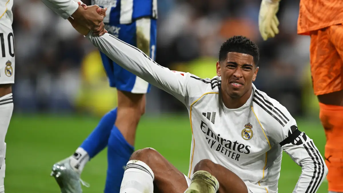 MADRID, SPAIN - APRIL 21: Jude Bellingham of Real Madrid reacts during the LaLiga EA Sports match between Real Madrid CF and Deportivo Alaves at Estadio Santiago Bernabeu on April 21, 2026 in Madrid, Spain. (Photo by Denis Doyle/Getty Images)
