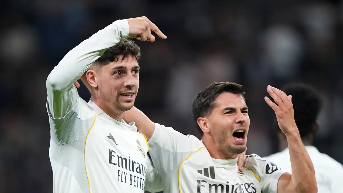 MADRID, SPAIN - APRIL 10: Federico Valverde of Real Madrid celebrates scoring his team