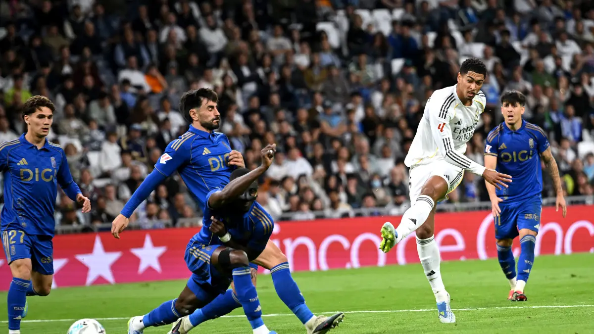 MADRID, SPAIN - MAY 14: Jude Bellingham of Real Madrid scores his team