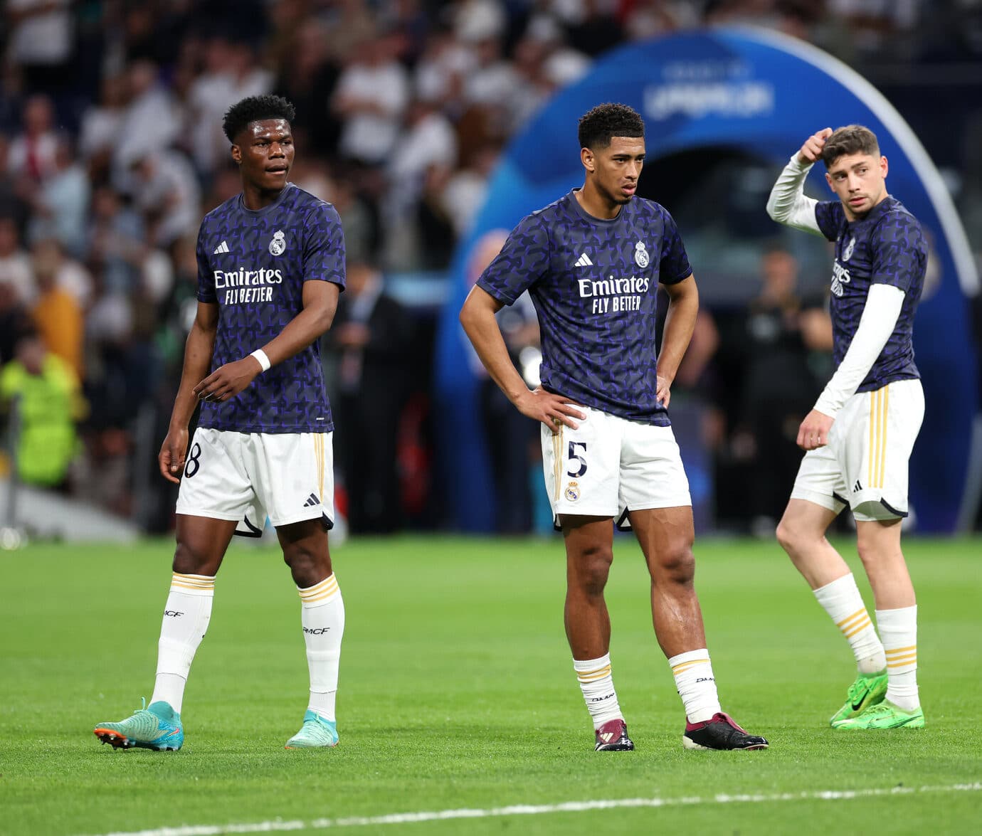 Left to right, Real Madrid's Aurelien Tchouameni, Jude Bellingham, Federico Valverde and Jose Vinicius Junior warming up before the UEFA Champions League semi-final, second leg match at the Santiago Bernabeu, Madrid. Picture date: Wednesday May 8, 2024. - Photo by Icon Sport
