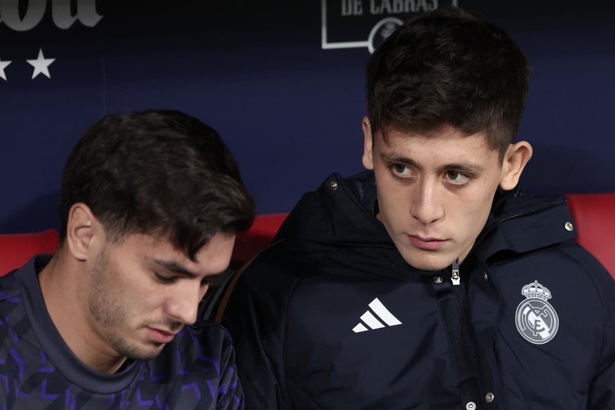 Real Madrid's Turkish midfielder #24 Arda Guler (R) sits on the bench next to Real Madrid's Spanish forward #21 Brahim Diaz during the Spanish Copa del Rey (King's Cup) football match between Club Atletico de Madrid and Real Madrid CF at the Metropolitano stadium in Madrid on January 18, 2024. (Photo by Thomas COEX / AFP) (Photo by THOMAS COEX/AFP via Getty Images)