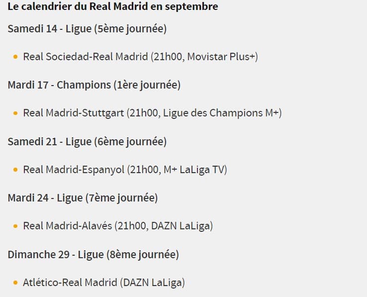Calendrier du Real Madrid en septembre (AS) 