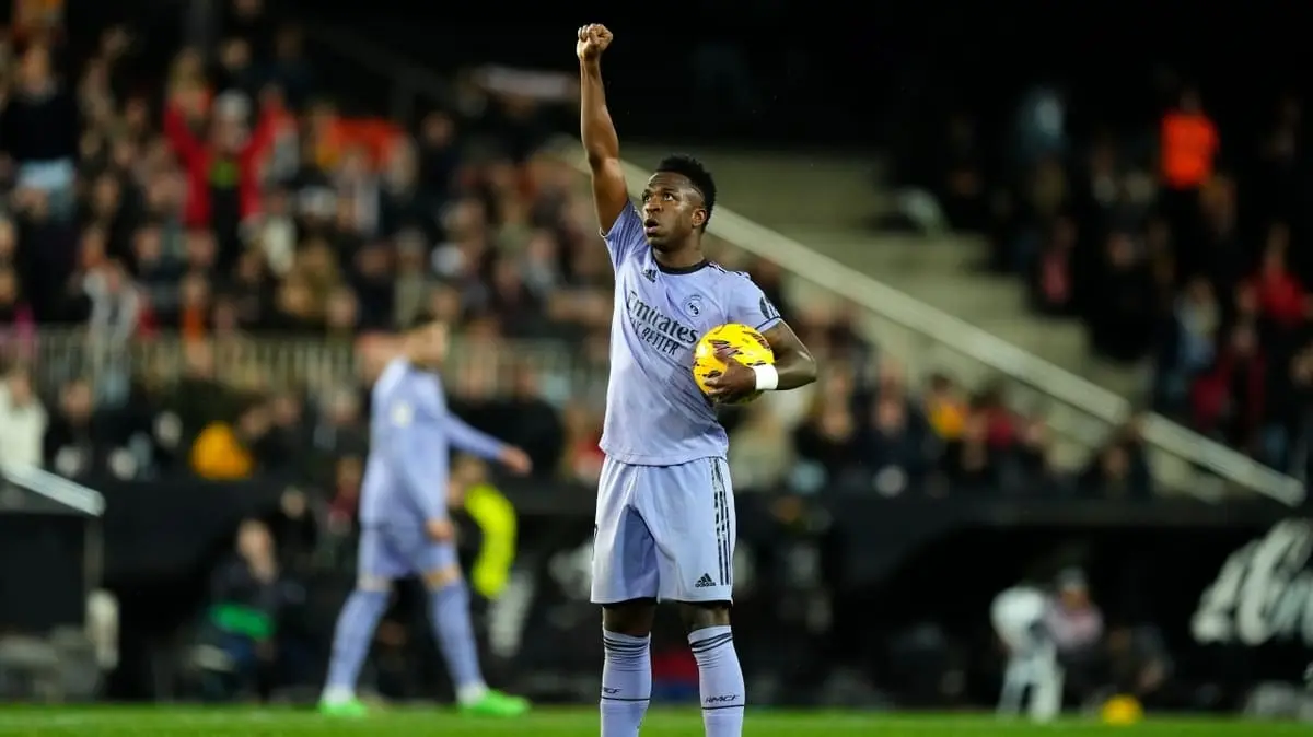 Vinicius Jr. (Real Madrid) après son but inscrit à Mestalla (Valence) le 2 mars 2024, un an après avoir subi des actes racistes de la part de plusieurs spectateurs dans ce même stade valencian.