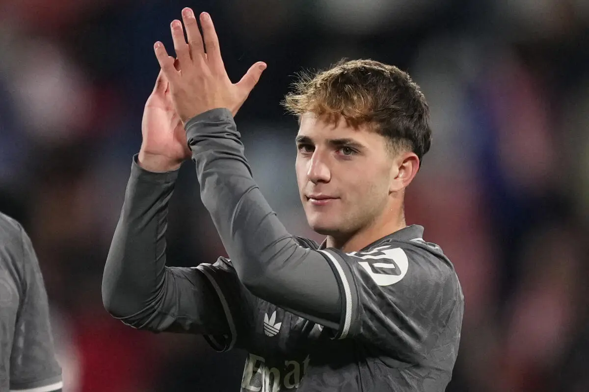 GIRONA, SPAIN - DECEMBER 07: Daniel Yáñez Barla of Real Madrid applauds the fans after the LaLiga match between Girona FC and Real Madrid CF at Montilivi Stadium on December 07, 2024 in Girona, Spain. (Photo by Alex Caparros/Getty Images)
