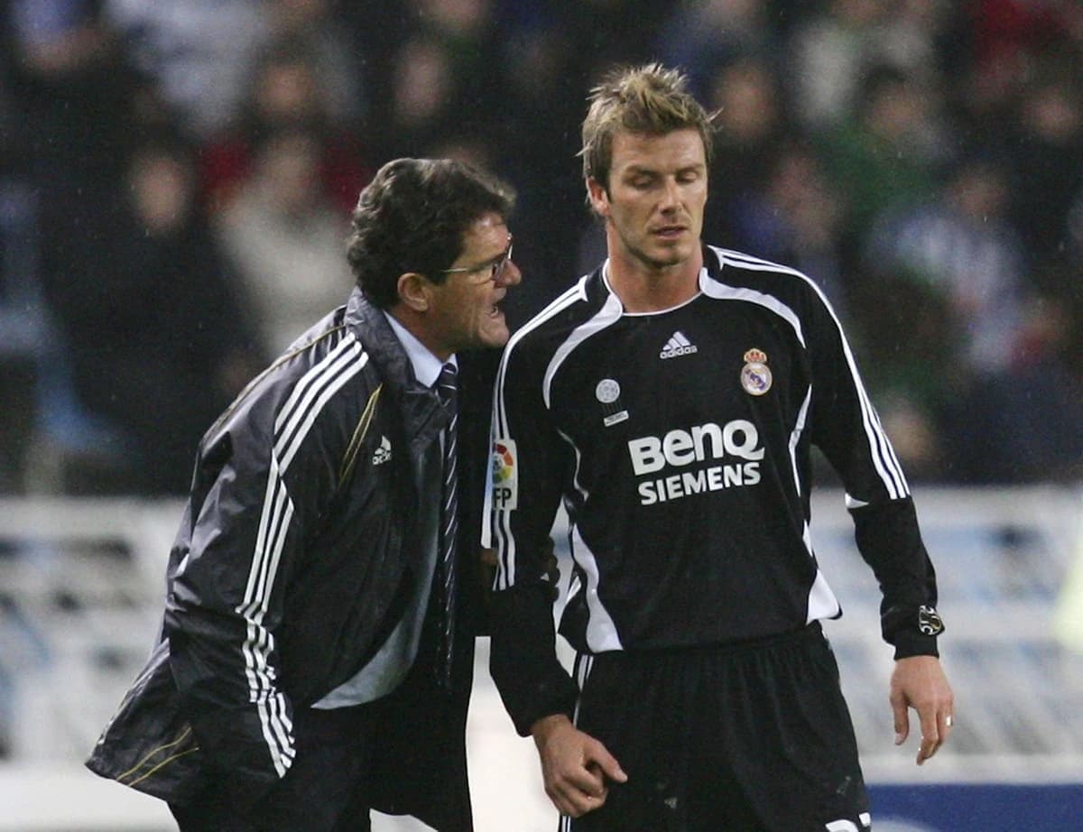 Fabio Capello et David Beckham lors de la saison 2006-07 au Real Madrid (Photo by Denis Doyle/Getty Images)