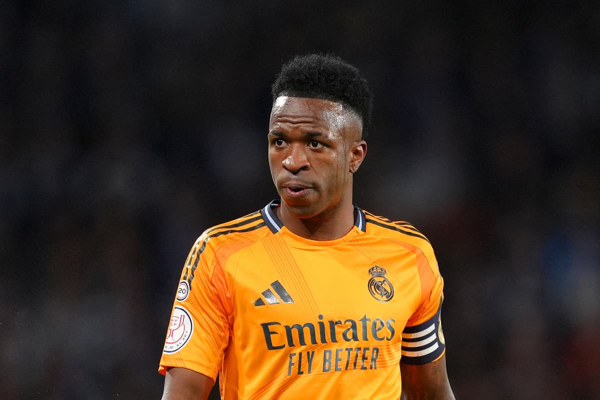 SAN SEBASTIAN, SPAIN - FEBRUARY 26: Vinicius Jr of Real Madrid looks on during the Copa del Rey Semi Final match between Real Sociedad and Real Madrid at Reale Arena on February 26, 2025 in San Sebastian, Spain. (Photo by Juan Manuel Serrano Arce/Getty Images)