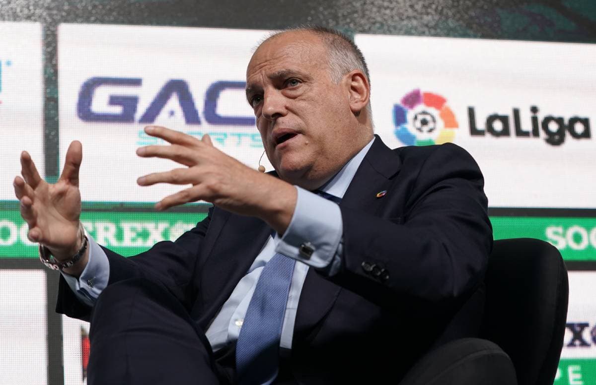 Real Madrid LISBON, PORTUGAL - SEPTEMBER 05: Javier Tebas President of La Liga talks during Day 1 of Soccerex Europe Convention at Tagus Park on September 5, 2019 in Lisbon, Portugal. (Photo by Gualter Fatia/Getty Images)