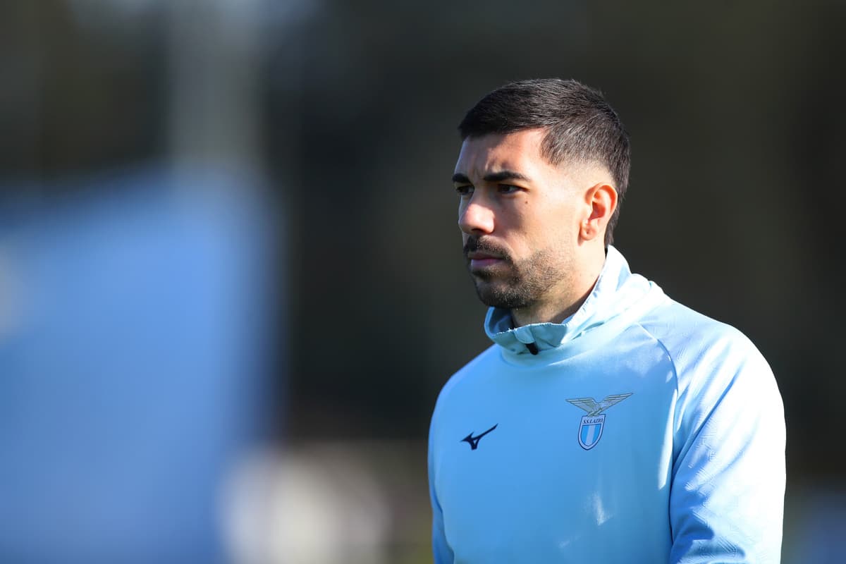 ROME, ITALY - JANUARY 29: Mario Gila and Mattia Zaccagni of SS Lazio looks on during a training session at Formello Sport Centre on January 29, 2025 in Rome, Italy. (Photo by Paolo Bruno/Getty Images)