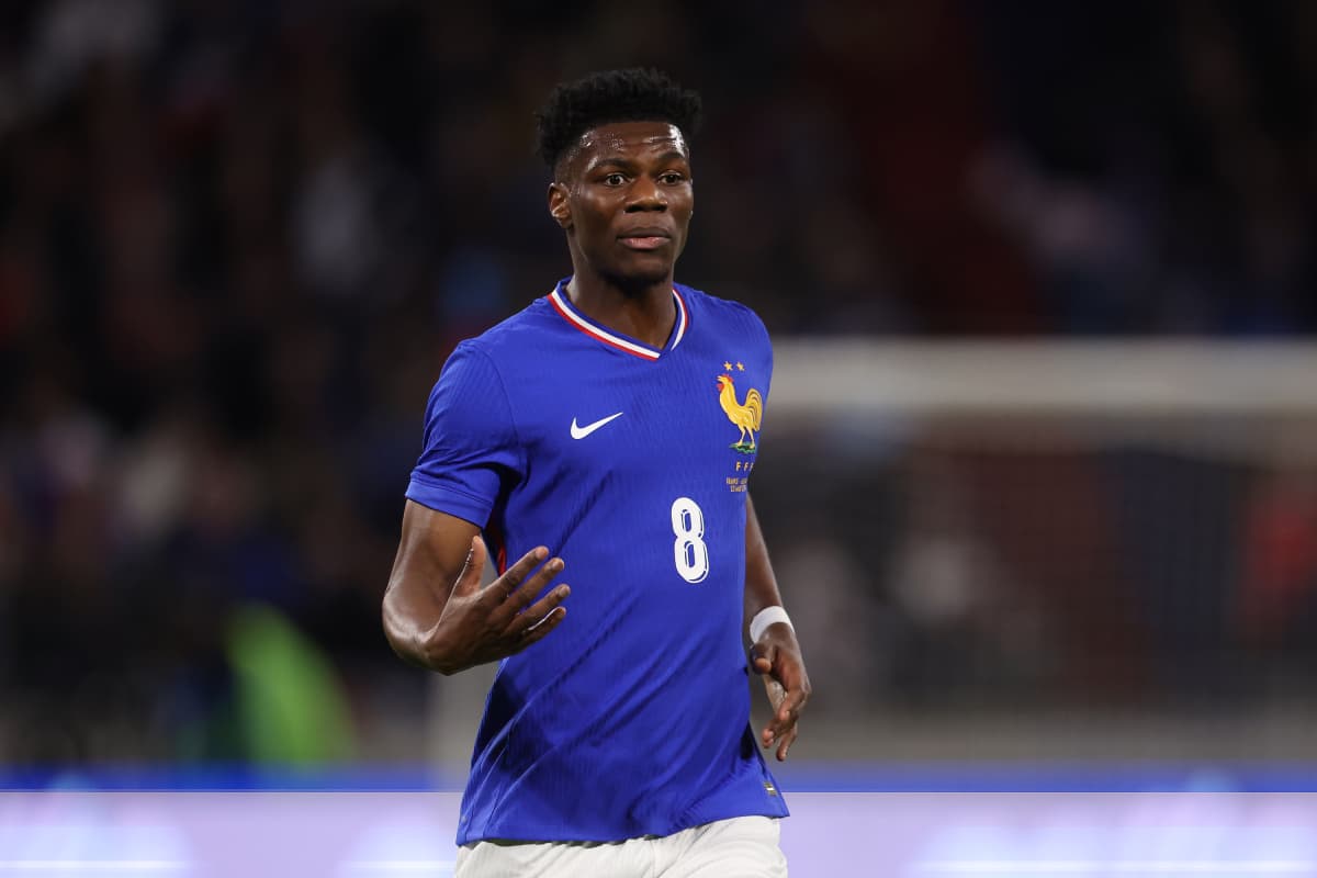LYON, FRANCE - MARCH 23: Aurélien Tchouameni of France looks on during the international friendly match between France and Germany at Groupama Stadium on March 23, 2024 in Lyon, France. (Photo by Alexander Hassenstein/Getty Images)