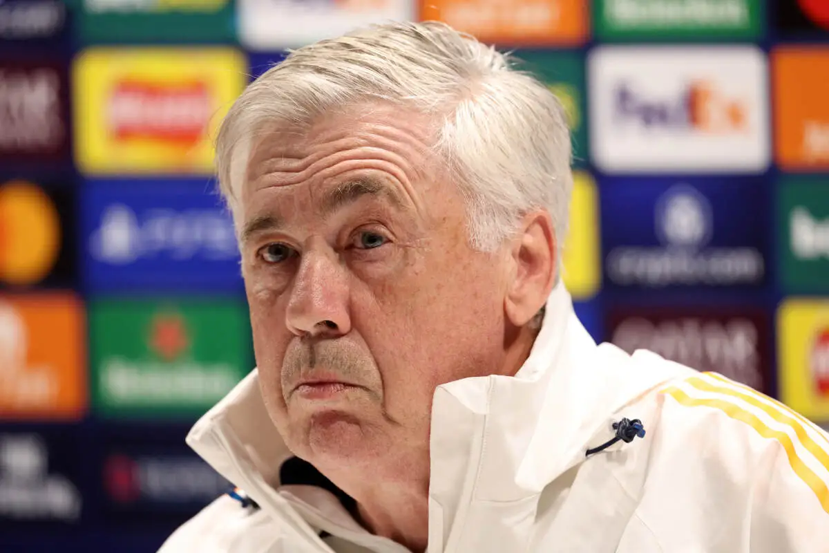 LONDON, ENGLAND - APRIL 07: Carlo Ancelotti, Head Coach of Real Madrid, talks during a press conference ahead of their UEFA Champions League 2024/25 quarter final first leg match at Sobha Realty Training Centre on April 07, 2025 in London Colney, England. (Photo by Alex Davidson/Getty Images)