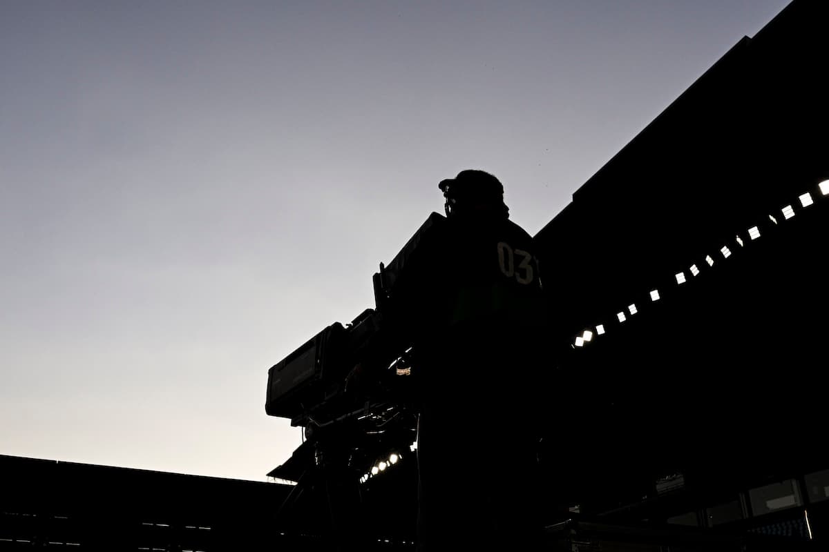 VIGO, SPAIN - MARCH 31: Mediapro : A silhouette of TV camera operator is pictured inside of the stadium prior to the LaLiga match between RC Celta de Vigo and UD Las Palmas at Estadio Balaidos on March 31, 2025 in Vigo, Spain. (Photo by Octavio Passos/Getty Images)