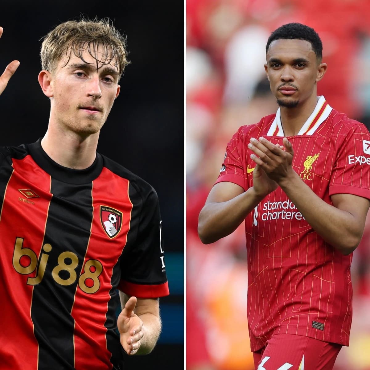 Photomontage de Dean Huijsen et Trent Alexander-Arnold, bientôt présentés au Real Madrid. LIVERPOOL, ENGLAND - MAY 11: Trent Alexander-Arnold of Liverpool applauds the fans after the draw in the Premier League match between Liverpool FC and Arsenal FC at Anfield on May 11, 2025 in Liverpool, England. (Photo by Carl Recine/Getty Images) MANCHESTER, ENGLAND - MAY 20: Dean Huijsen of AFC Bournemouth acknowledges the fans after the team's defeat in the Premier League match between Manchester City FC and AFC Bournemouth at Etihad Stadium on May 20, 2025 in Manchester, England. This match is to be Kevin De Bruyne’s last home match for Manchester City before he departs in the summer when his contract expires. De Bruyne, will receive a guard of honour from team-mates and staff after a successful 10-year career at the club seeing him win 6 leagues titles and the Champions League. (Photo by Stu Forster/Getty Images)