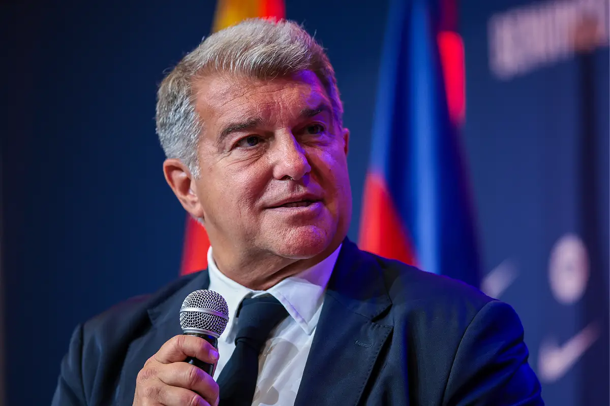 BARCELONA, SPAIN - JULY 25: FC Barcelona President Joan Laporta faces the media during the unveiled of Hansi Flick as new FC Barcelona Coach at Spotify Camp Nou on July 25, 2024 in Barcelona, Spain. (Photo by Eric Alonso/Getty Images)