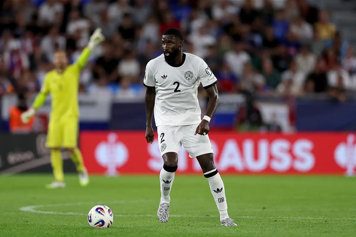BRATISLAVA, SLOVAKIA - SEPTEMBER 04: Antonio Rüdiger of Germany runs with the ballduring the FIFA World Cup 2026 qualifier match between Slovakia and Germany at on September 04, 2025 in Bratislava, Slovakia. (Photo by Lars Baron/Getty Images)