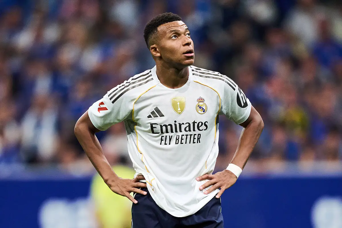 OVIEDO, SPAIN - AUGUST 24: Kylian Mbappe of Real Madrid looks on during the LaLiga EA Sports match between Real Oviedo and Real Madrid CF at Carlos Tartiere on August 24, 2025 in Oviedo, Spain. (Photo by Juan Manuel Serrano Arce/Getty Images)