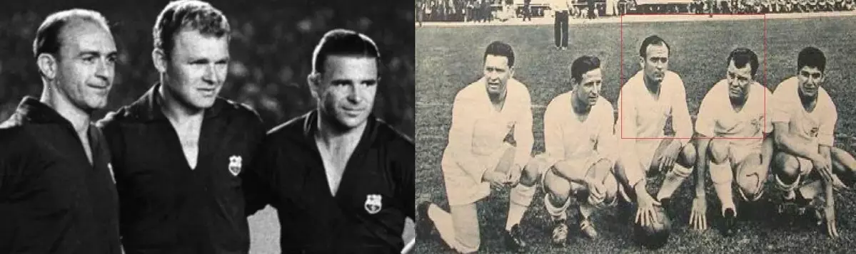 Sur la photo de gauche, Alfredo Di Stéfano ainsi que Puskas et Kubala, portent le maillot du Barça lors de l