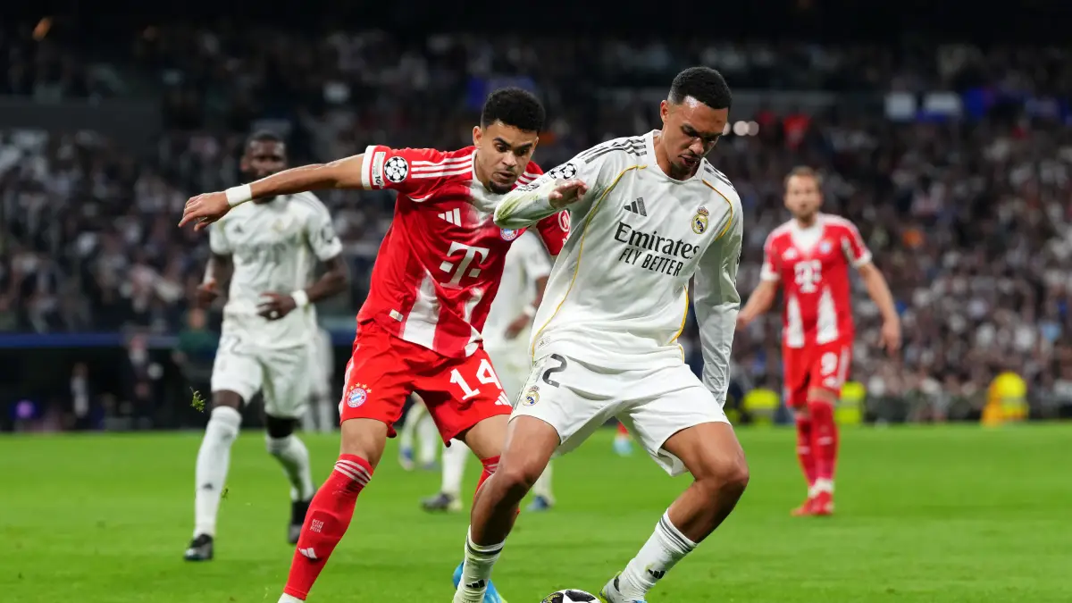 MADRID, SPAIN - APRIL 07: Trent Alexander-Arnold of Real Madrid is challenged by Luis Diaz of FC Bayern Munich during the UEFA Champions League 2025/26 Quarter-Final First Leg match between Real Madrid CF and FC Bayern München at Estadio Santiago Bernabeu on April 07, 2026 in Madrid, Spain. (Photo by Aitor Alcalde/Getty Images)