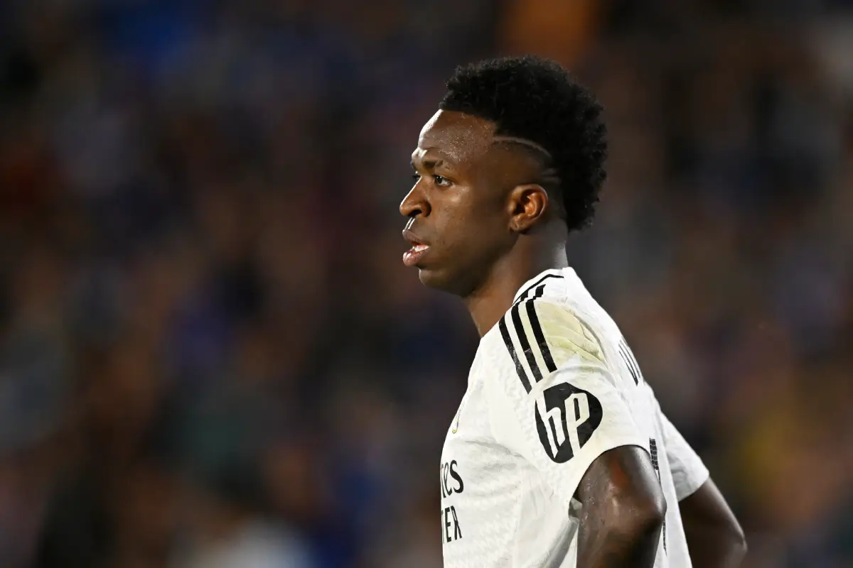 GETAFE, SPAIN - APRIL 23: Vinicius Jr. of Real Madrid looks on during the LaLiga match between Getafe CF and Real Madrid CF at Coliseum Alfonso Perez on April 23, 2025 in Getafe, Spain. (Photo by Denis Doyle/Getty Images)