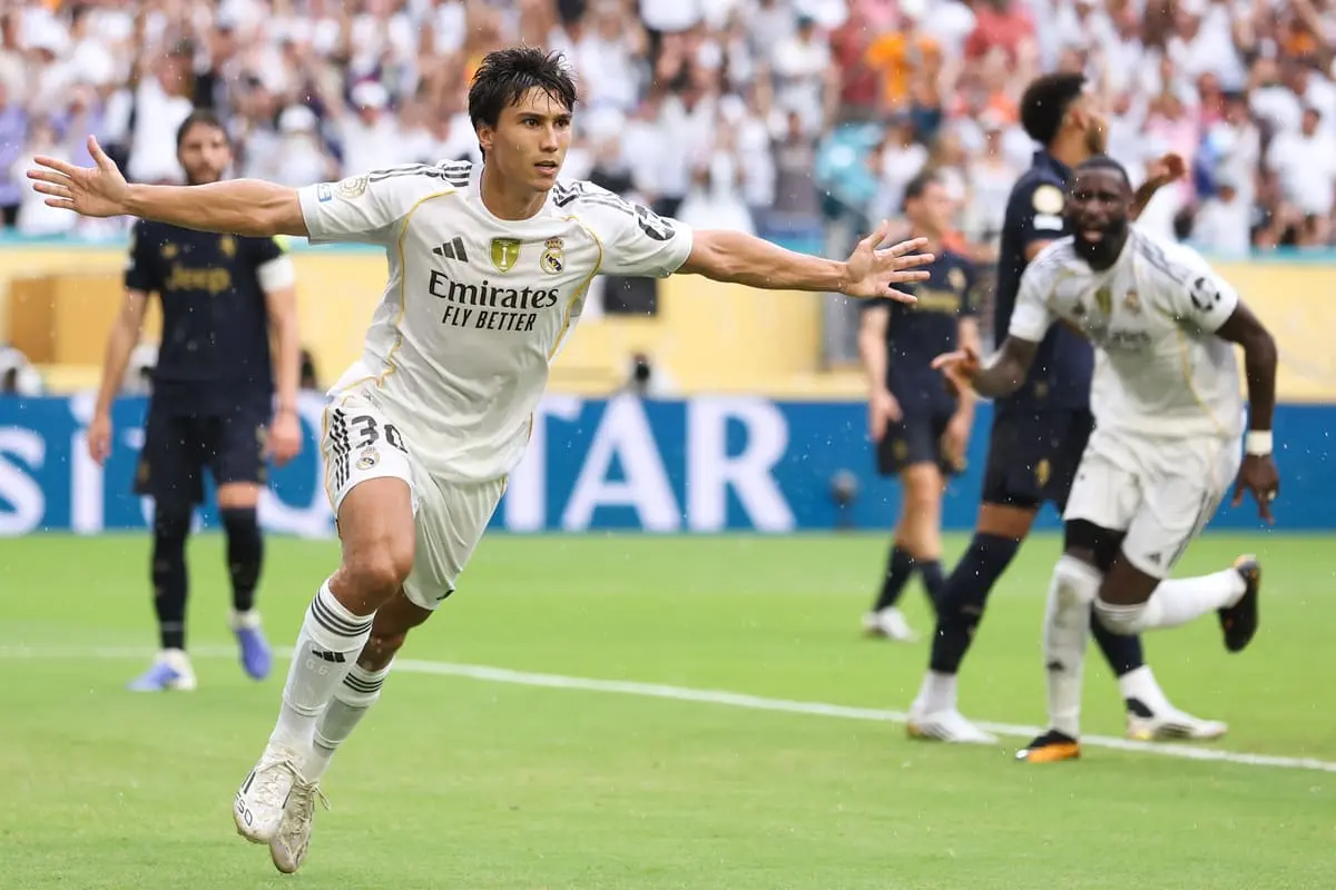 MIAMI GARDENS, FLORIDA - JULY 01: Gonzalo Garcia #30 of Real Madrid C.F. celebrates scoring his team