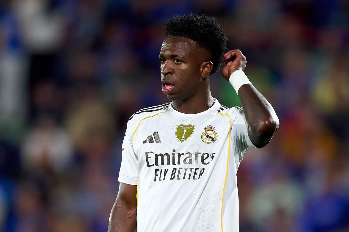 GETAFE, SPAIN - OCTOBER 19: Vinicius Junior of Real Madrid looks on during the LaLiga EA Sports match between Getafe CF and Real Madrid CF at Coliseum Alfonso Perez on October 19, 2025 in Getafe, Spain. (Photo by Angel Martinez/Getty Images).