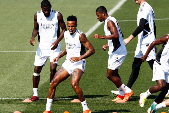 Entrenamiento del Real Madrid. En la imagen, Militao, Rudiger, Alaba y Courtois. Real Madrid training session. In this picture, Militao, Rudiger, Alaba and Courtois. - Photo by Icon sport - Photo by Icon Sport