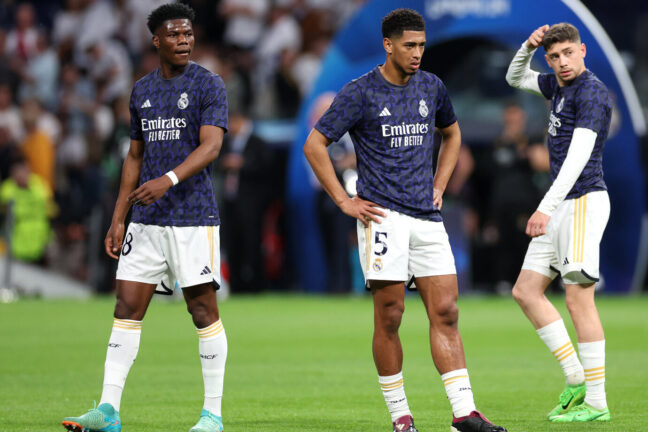 Left to right, Real Madrid's Aurelien Tchouameni, Jude Bellingham, Federico Valverde and Jose Vinicius Junior warming up before the UEFA Champions League semi-final, second leg match at the Santiago Bernabeu, Madrid. Picture date: Wednesday May 8, 2024. - Photo by Icon Sport