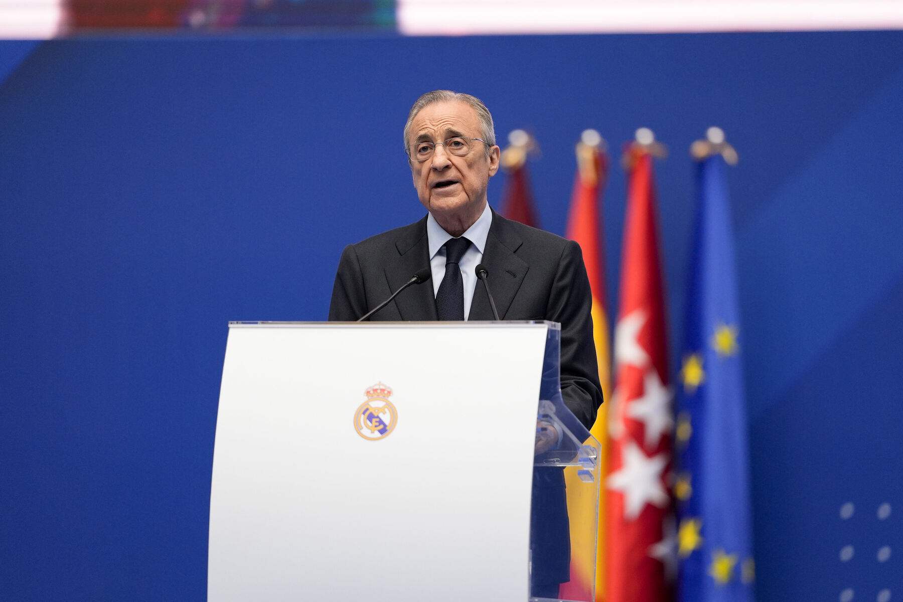 Florentino Perez, president of football club Real Madrid, seen during the presentation of Kylian Mbappe as new player of Real Madrid at Estadio Santiago Bernabeu on July 16, 2024 in Madrid, Spain. - Photo by Icon Sport