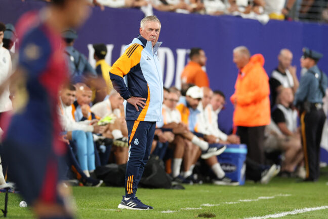 Real Madrid's Italian coach Carlo Ancelotti looks on during the pre-season club friendly football match between Real Madrid and Barcelona at MetLife Stadium in East Rutherford, New Jersey, August 3, 2024. (Photo by Charly TRIBALLEAU / AFP) (Photo by CHARLY TRIBALLEAU/AFP via Getty Images)