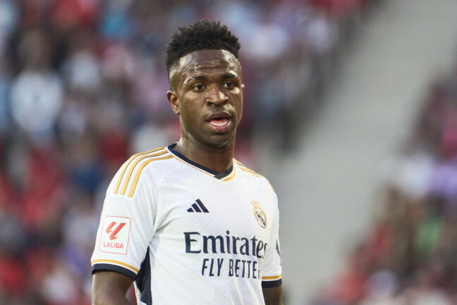 MALLORCA, SPAIN - APRIL 13: Vinicius Junior of Real Madrid looks on during the LaLiga EA Sports match between RCD Mallorca and Real Madrid CF at Estadi de Son Moix on April 13, 2024 in Mallorca, Spain. (Photo by Rafa Babot/Getty Images)