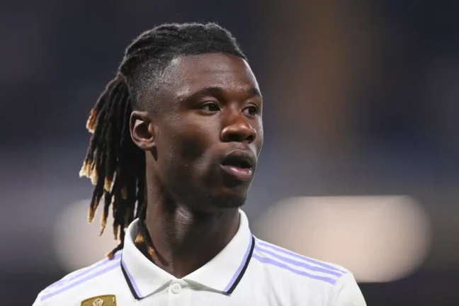 LONDON, ENGLAND - APRIL 18: Eduardo Camavinga of Real Madrid looks on during the UEFA Champions League quarterfinal second leg match between Chelsea FC and Real Madrid at Stamford Bridge on April 18, 2023 in London, England. (Photo by Michael Regan/Getty Images)