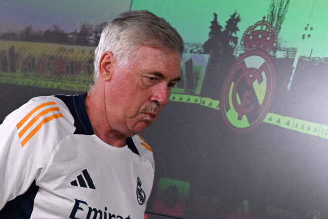 Real Madrid's Italian coach Carlo Ancelotti speaks to members of the media during a press conference on the eve of their Liga football match against RCD Mallorca, at the club's training facilities of Valdebebas in Madrid on August 17, 2024. (Photo by JAVIER SORIANO / AFP) (Photo by JAVIER SORIANO/AFP via Getty Images)
