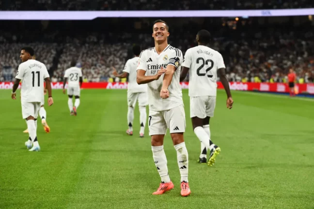 MADRID, SPAIN - SEPTEMBER 24: Lucas Vazquez of Real Madrid celebrates scoring his team's first goal during the LaLiga match between Real Madrid CF and Deportivo Alaves at Estadio Santiago Bernabeu on September 24, 2024 in Madrid, Spain. (Photo by Denis Doyle/Getty Images)