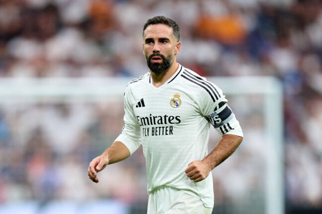 MADRID, SPAIN - AUGUST 25: Dani Carvajal of Real Madrid looks on during the La Liga match between Real Madrid CF and Real Valladolid CF at Estadio Santiago Bernabeu on August 25, 2024 in Madrid, Spain. (Photo by Angel Martinez/Getty Images)