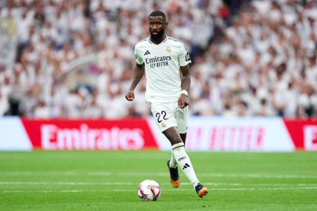MADRID, SPAIN - AUGUST 25: Antonio Rudiger of Real Madrid runs with the ball during the La Liga match between Real Madrid CF and Real Valladolid CF at Estadio Santiago Bernabeu on August 25, 2024 in Madrid, Spain. (Photo by Angel Martinez/Getty Images).