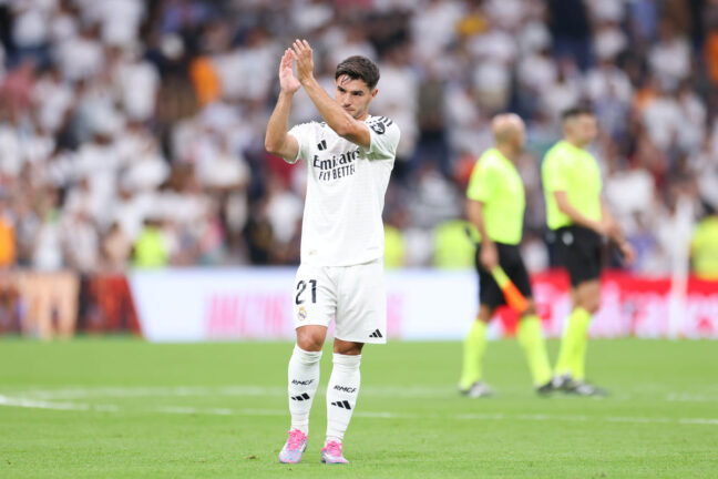 MADRID, SPAIN - AUGUST 25: Brahim Diaz of Real Madrid CF acknowledges the fan after the La Liga match between Real Madrid CF and Real Valladolid CF at Estadio Santiago Bernabeu on August 25, 2024 in Madrid, Spain. (Photo by Florencia Tan Jun/Getty Images).