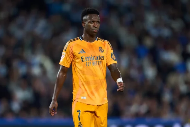 SAN SEBASTIAN, SPAIN - SEPTEMBER 14: Vinicius Junior of Real Madrid looks on during the LaLiga match between Real Sociedad and Real Madrid CF at Reale Arena on September 14, 2024 in San Sebastian, Spain. (Photo by Juan Manuel Serrano Arce/Getty Images)