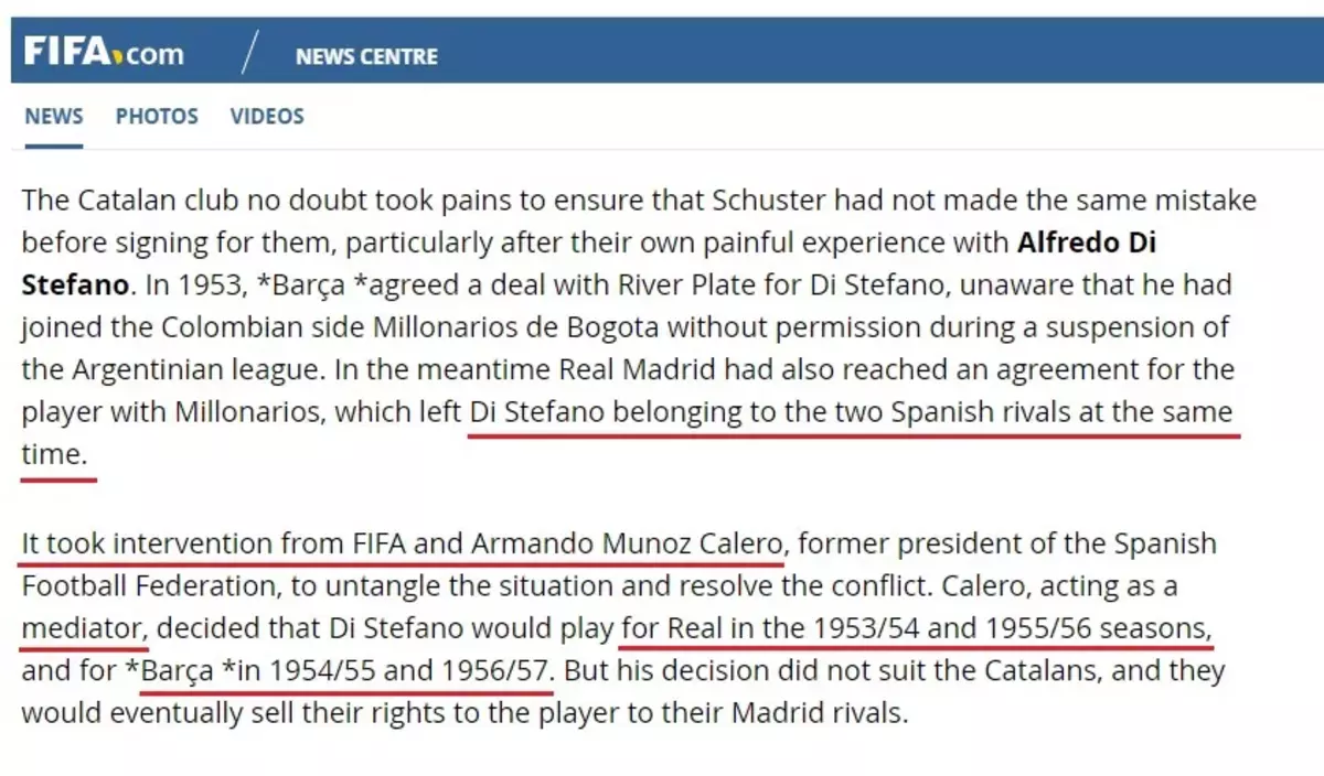 Sur son site officiel, la FIFA confirme l'intervention de Muñoz Calero dans le dossier Alfredo Di Stéfano et sa solution d'alternance entre les deux clubs pour résoudre le litige (futbolgate.com)