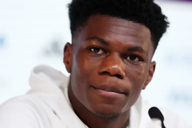 DOHA, QATAR - NOVEMBER 29: Aurelien Tchouameni of France speaks during the France Press Conference at the main Media Center on November 29, 2022 in Doha, Qatar. (Photo by Christopher Lee/Getty Images)