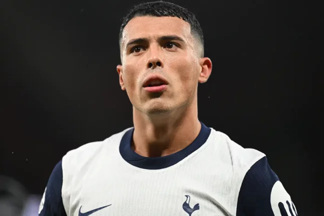 Pedro Porro of Tottenham looks on after during the Premier League match between Manchester United FC and Tottenham Hotspur FC at Old Trafford on September 29, 2024 in Manchester, England. (Photo by Michael Regan/Getty Images)