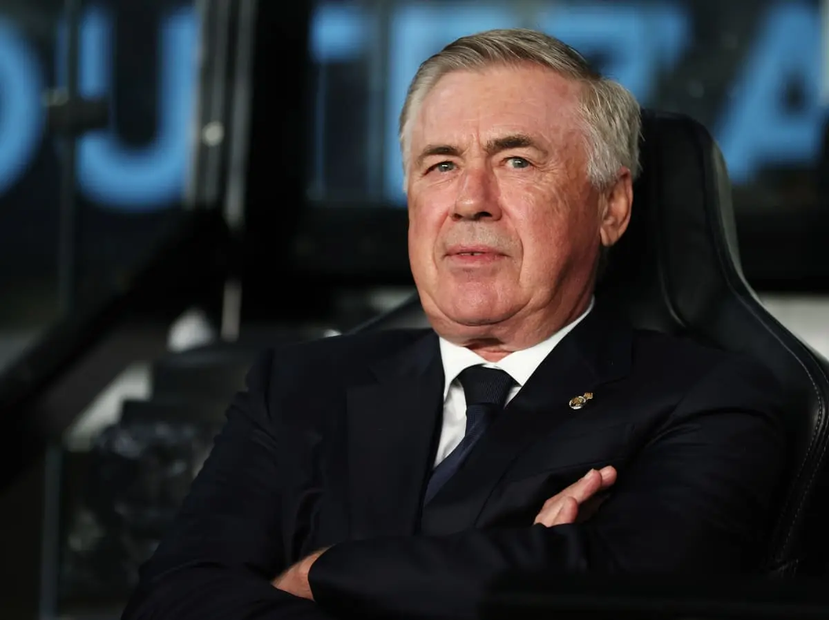 VIGO, SPAIN - OCTOBER 19: Carlo Ancelotti, Head Coach of Real Madrid, looks on prior to the LaLiga match between RC Celta de Vigo and Real Madrid CF at Estadio de Balaidos on October 19, 2024 in Vigo, Spain. (Photo by Florencia Tan Jun/Getty Images)