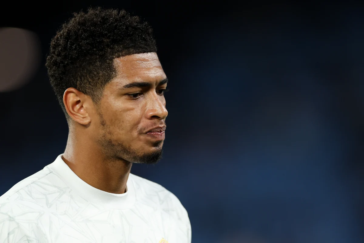 VIGO, SPAIN - OCTOBER 19: Jude Bellingham of Real Madrid CF looks on prior to the LaLiga match between RC Celta de Vigo and Real Madrid CF at Estadio Balaidos on October 19, 2024 in Vigo, Spain. (Photo by Florencia Tan Jun/Getty Images)