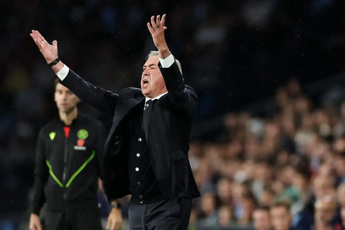 VIGO, SPAIN - OCTOBER 19: Carlo Ancelotti, head coach of Real Madrid CF reacts during the LaLiga match between RC Celta de Vigo and Real Madrid CF at Estadio Balaidos on October 19, 2024 in Vigo, Spain. (Photo by Florencia Tan Jun/Getty Images).