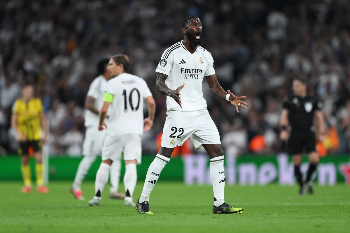 Real Madrid C.F. v Borussia Dortmund - UEFA Champions League 2024/25 League Phase MD3 MADRID, SPAIN - OCTOBER 22: Antonio Ruediger of Real Madrid scores his team's first goal during the UEFA Champions League 2024/25 League Phase MD3 match between Real Madrid C.F. and Borussia Dortmund at Estadio Santiago Bernabeu on October 22, 2024 in Madrid, Spain. (Photo by David Ramos/Getty Images)