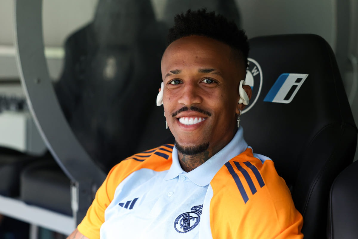 MADRID, SPAIN - AUGUST 25: Eder Militao of Real Madrid CF smiles to the camera prior to the La Liga match between Real Madrid CF and Real Valladolid CF at Estadio Santiago Bernabeu on August 25, 2024 in Madrid, Spain. (Photo by Florencia Tan Jun/Getty Images)