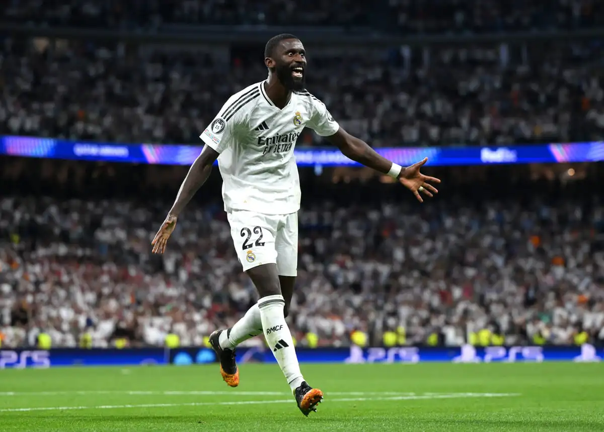 MADRID, SPAIN - SEPTEMBER 17: Antonio Ruediger of Real Madrid celebrates scoring his team's second goal during the UEFA Champions League 2024/25 League Phase MD1 match between Real Madrid CF and VfB Stuttgart at Estadio Santiago Bernabeu on September 17, 2024 in Madrid, Spain. (Photo by David Ramos/Getty Images).